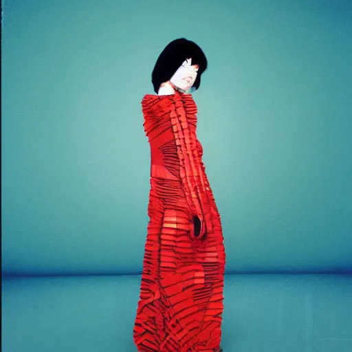 Image similar to Portrait of Bjork in an Issey Miyake dress, ethereal, polaroid