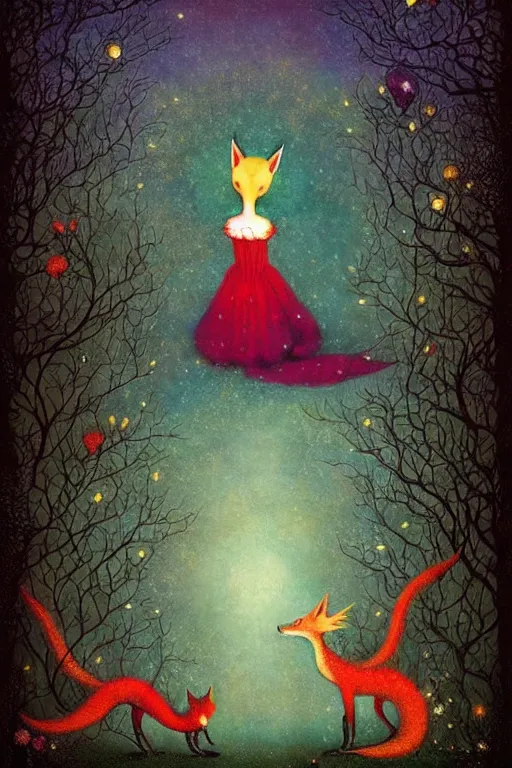 Image similar to surreal hybrid dragons and foxes, nostalgia for a fairytale, magic realism, flowerpunk, mysterious, vivid colors, by andy kehoe, amanda clarke