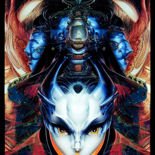 Image similar to portrait closeup of crazy avatar, symmetrical, by yoichi hatakenaka, masamune shirow, josan gonzales and dan mumford, ayami kojima, takato yamamoto, barclay shaw, karol bak, yukito kishiro