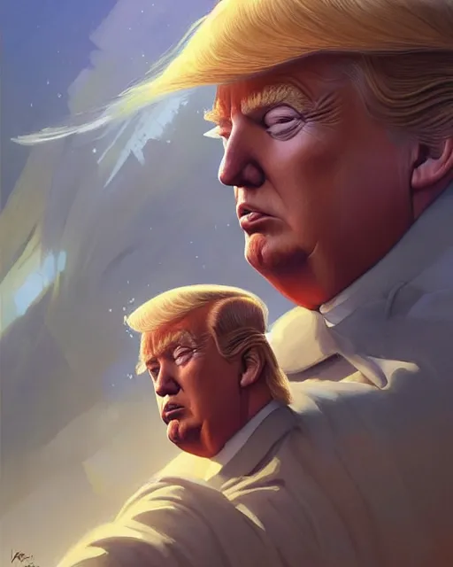 Image similar to painting of donald trump, serene, by peter mohrbacher, wadim kashin, greg rutkowski, larry elmore, george pemba, ernie barnes, raymond swanland, magali villeneuve, trending on artstation