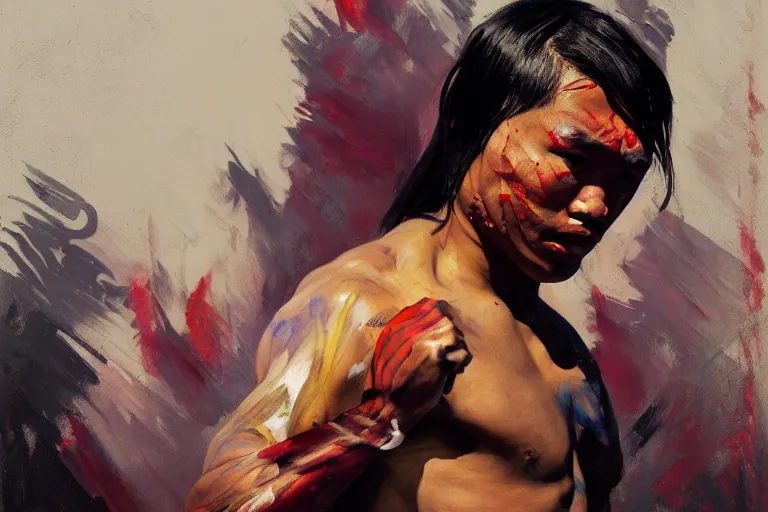 Image similar to greg manchess portrait of a filipino mma fighter shock of being hurt, organic painting, sunny day, matte painting, bold shapes, hard edges, street art, trending on artstation, by huang guangjian, gil elvgren, ruan jia, randy vargas, greg rutkowski