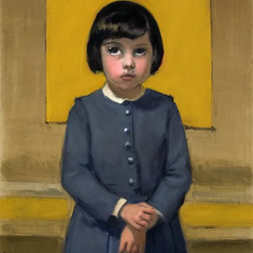 Prompt: a painting of a little girl with short black hair and wearing a yellow coat alone in the middle of a cloister in an abbey by hopper