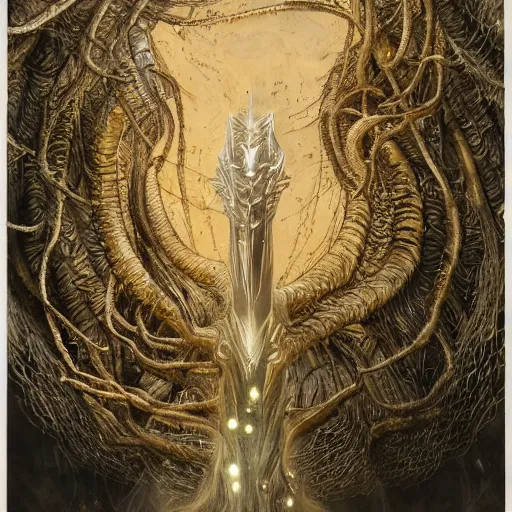 Image similar to by yoann lossel, by valerio olgiati outrun offhand, ominous. a performance art of a large, looming creature with a long, snake body. many large, sharp teeth, & eyes glow. wrapped around a large tree, bent under the weight. small figure in foreground, a sword, dwarfed by the size of the creature.