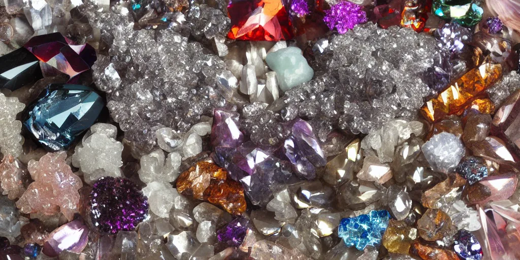 Prompt: a collection of shiny sparkly crystals and minerals