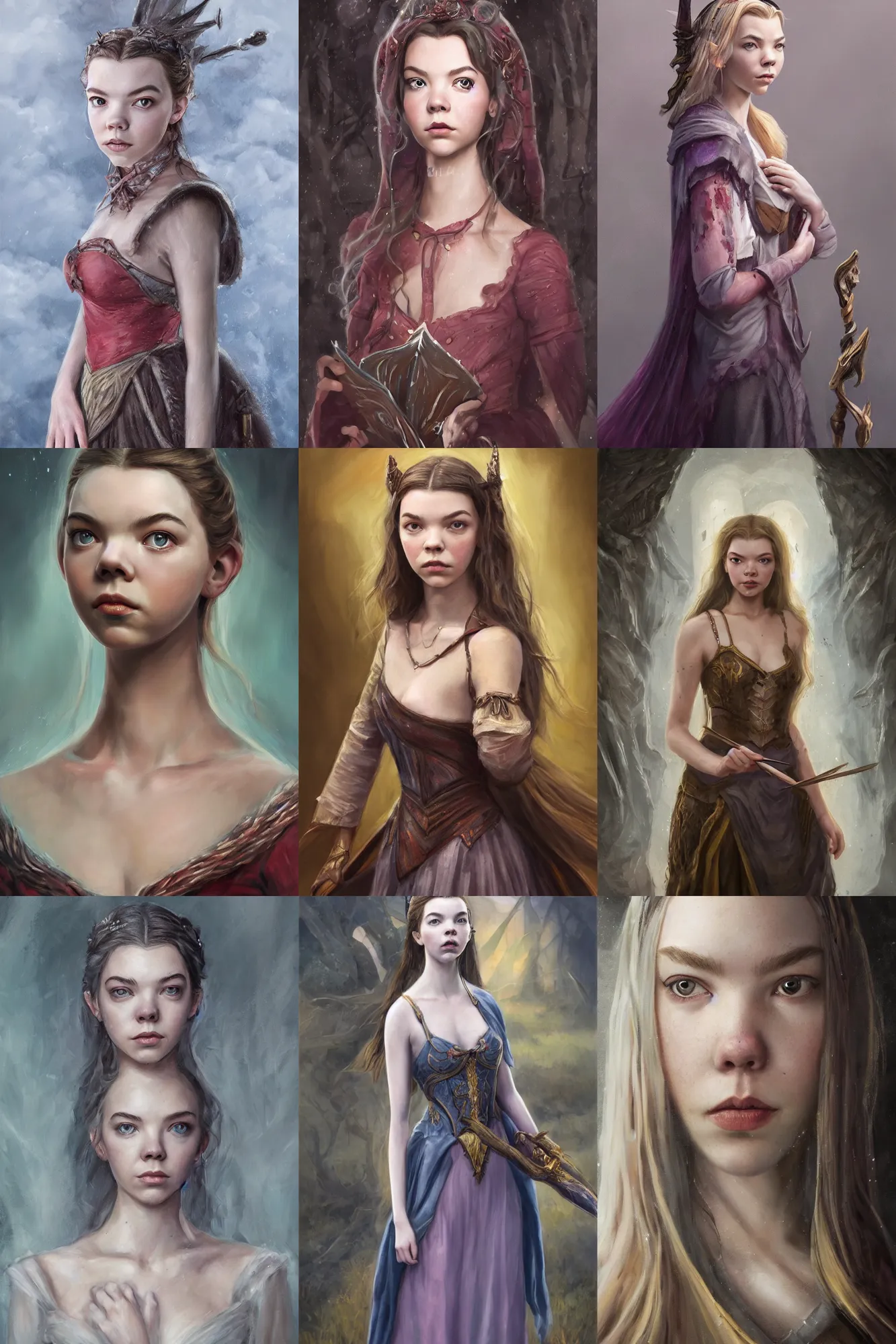 Prompt: a full body high detail fantasy portrait oil painting illustration of anya taylor-joy as a single elegant wizard woman by Justin Sweet with face and body clearly visible, pupils visible, realistic proportions, d&d, rpg, forgotten realms, artstation trending, high quality, sombre mood, artstation trending, muted colours, no crop, entire person visible!,