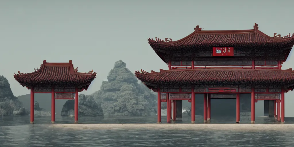 Prompt: a ancient chinese style building located on a lonely huge fantastic dark rock in the sea. lotus blooming. morning. medium shot. octane render. 8 k. cinematic.