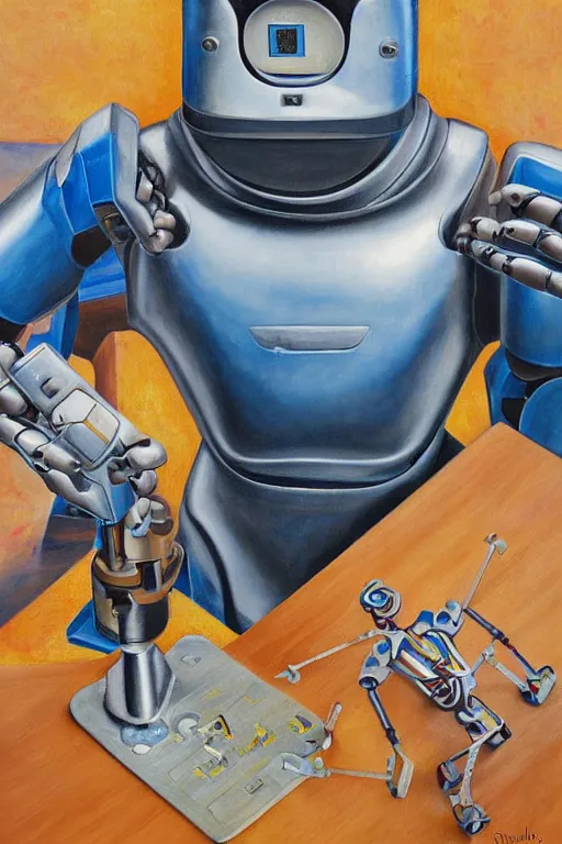 Prompt: a boy fixing his robot. high angle. oil on canvas. by Lohmuller Gyuri.