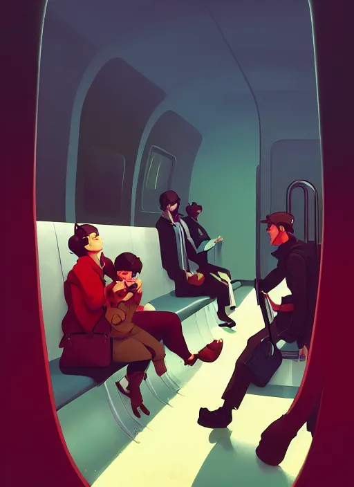 Prompt: depressed people riding in a subway, in the style of artgerm, gerald brom, atey ghailan and mike mignola, vibrant colors and hard shadows and strong rim light, plain background, comic cover art, trending on artstation