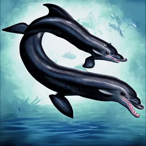 Image similar to hybrid of a dolphin and black western dragon, digital art