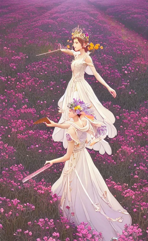 Image similar to A beautiful fantasy magician, highly detailed full body, amazing flower tiara, wearing aristocrat robe, delicate figure, field of flowers, epic composition, ultra wide-shot, dynamic pose, concept art, beautifully lit, digital painting, smooth, character design, sharp focus, elegant, intricate, trending on artstation, by WLOP and James Jean and Victo Ngai