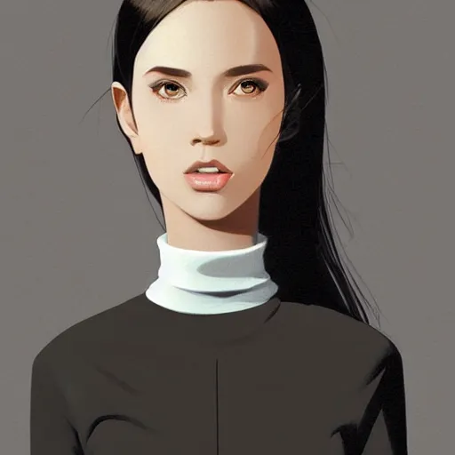 Image similar to 2d girl in black turtleneck and brown coat, elegant, 2d, ultra highly detailed, digital painting, smooth, sharp focus, artstation, portrait art by Ilya Kuvshinov