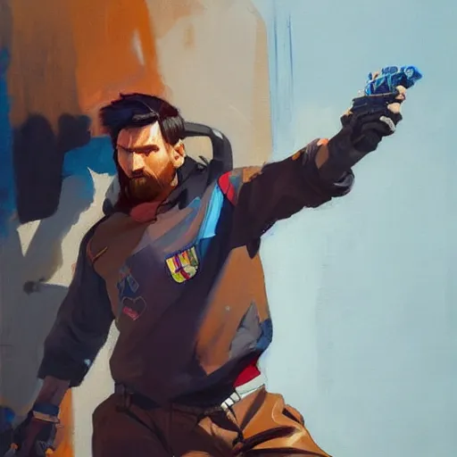 Image similar to greg manchess portrait painting of lionel messi as overwatch character, medium shot, asymmetrical, profile picture, organic painting, sunny day, matte painting, bold shapes, hard edges, street art, trending on artstation, by huang guangjian and gil elvgren and sachin teng