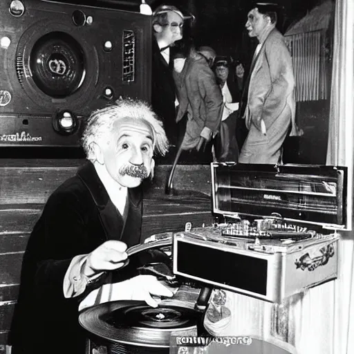 Image similar to photo of Albert Einstein DJing a record player at a nightclub, vintage, highly detailed facial features, at a nightclub