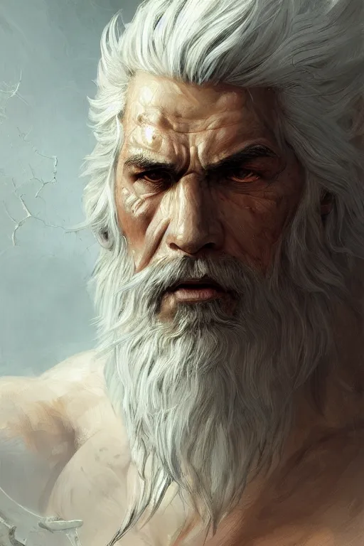 Image similar to painted portrait of rugged sephirot, god of thunder, greek god, white hair, masculine, mature, handsome, upper body, muscular, hairy torso, fantasy, intricate, elegant, highly detailed, digital painting, artstation, concept art, smooth, sharp focus, illustration, art by gaston bussiere and craig mullins