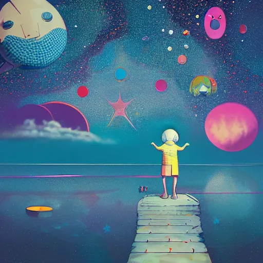 Image similar to a man walking on water under the stars by takashi murakami, beeple and james jean, aya takano color style, 4 k, super detailed