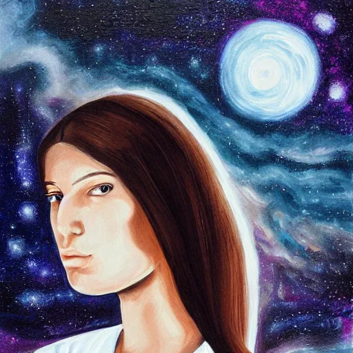 Prompt: painting, girl with beautiful face in white shirt, vast spaces, cosmic background