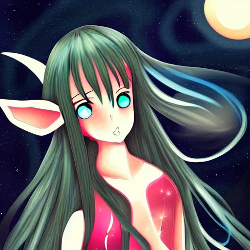 Image similar to digital painting of a long hair anime lady ELF dancing in the moonlight in the style of Sakimichan