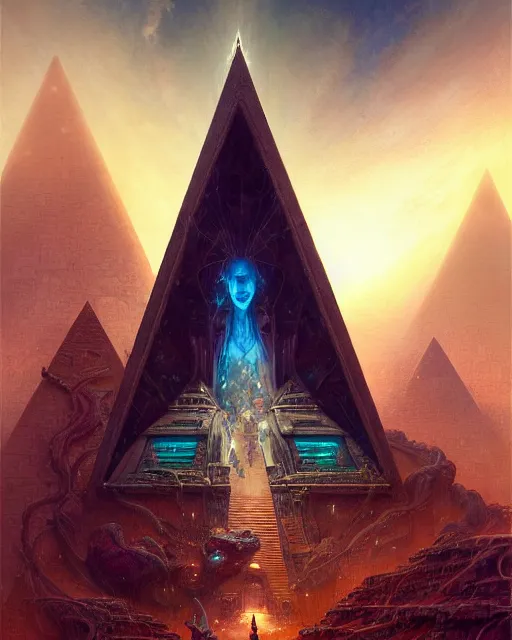 Image similar to inside a small pyramid made of pyramids and eyes fantasy character portrait, ultra realistic, wide angle, intricate details, blade runner artifacts, highly detailed by peter mohrbacher, boris vallejo, hajime sorayama aaron horkey, gaston bussiere, craig mullins