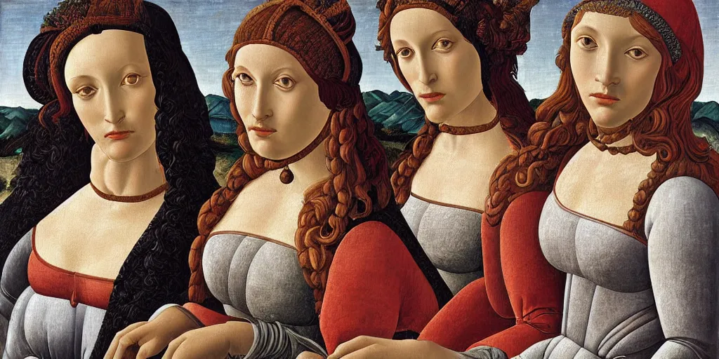 Image similar to a painting of a woman and two other women, a surrealist painting by sandro botticelli, polycount, renaissance, da vinci, pre - raphaelite, fresco