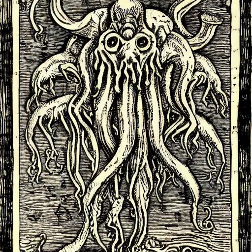 Image similar to a detailed woodcut of Cthulhu by Albrecht Durer