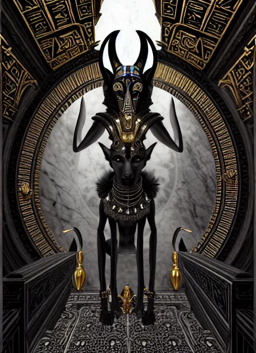 Image similar to sinister god anubis, growling jackal with egyptian headdress and nemes, ornate art nouveau marble throne room, black and silver palette, symmetrical background, fantasy, intricate, elegant, highly detailed, colorful, dark colors, dramatic shadow, digital painting, artstation, concept art, art by artgerm and greg rutkowski and ruan jia,