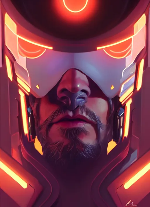Image similar to symmetry portrait of mccree from overwatch, closeup, sci - fi, tech wear, glowing lights intricate, elegant, highly detailed, digital painting, artstation, concept art, smooth, sharp focus, illustration, art by artgerm and greg rutkowski and alphonse mucha