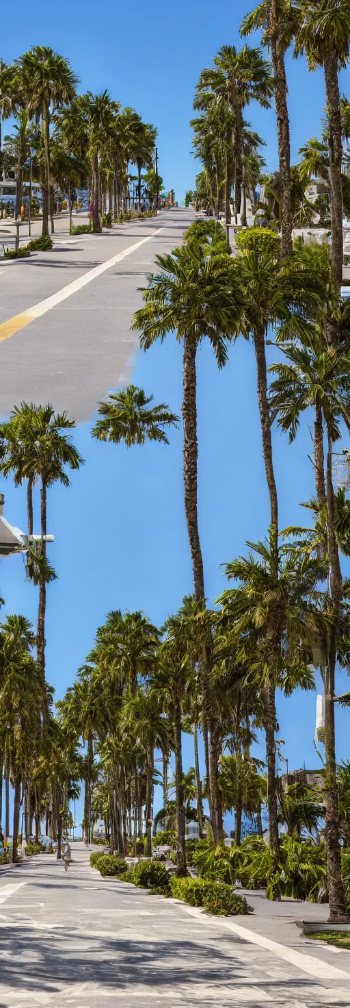 Image similar to side shot of sidewalk with bike path, palm trees, accessible for the disabled, by professional photographer, 8 k resolution, photo, high quality, unreal engine, 3 d