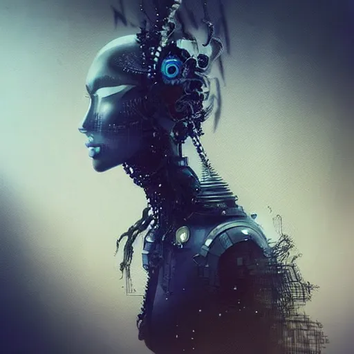 Prompt: “portrait of a standing arrogant android goddess, shaman, sword, evening, dark, intricate, very detailed, science fiction, trending on artstation, Nero, Russ Mills, Taino Matsumoto”