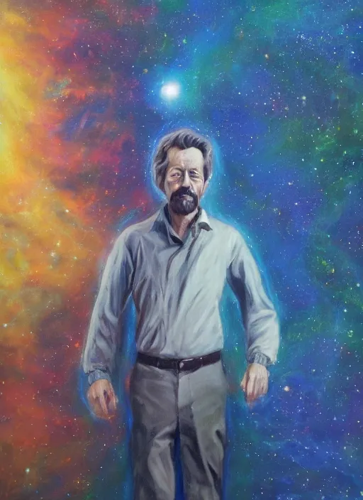 Image similar to alan watts floating in the universe full body oil on canvas painting highly detailed, featured on artstation