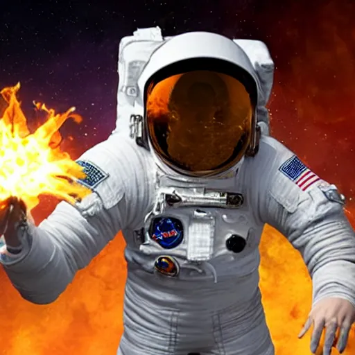 Image similar to an astronaut that’s on fire shaking hands with a space alien, realistic
