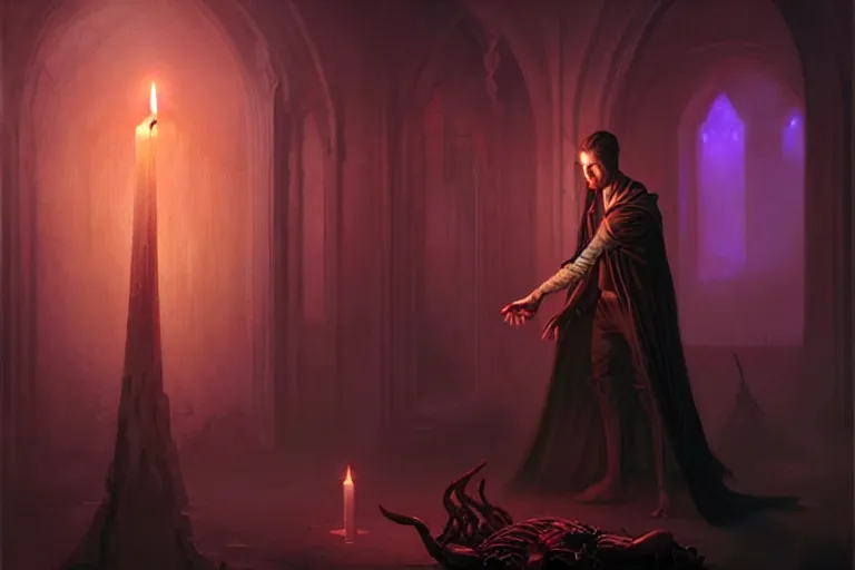 Prompt: Character concept art of Pretty guy male necromancer bringing dead to alive, casting dark magic spell. Castle room, lots of candles, barely lit warm violet red light, many transparent souls comes through the floor By greg rutkowski, tom bagshaw, beksinski