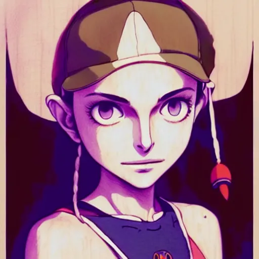 Image similar to beautiful boyish natalie portman gravure model in majora's mask, wearing wooden mask and baseball cap and leotard, street wear with subtle mayan patterns, aztec bathing suit, gapmoe yandere grimdark, trending on pixiv fanbox, painted by greg rutkowski makoto shinkai takashi takeuchi studio ghibli, akihiko yoshida