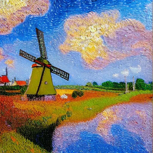 Prompt: A beautiful oil painting of a dutch landscape, there are windmills, the colors are vivid and bright, in the style of early van Gogh, rough pointillism