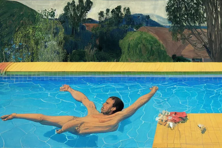 Image similar to emmanuel macron swimming in a pool in california house, by david hockney, peter doig, lucien freud, francis bacon, bouguereau,