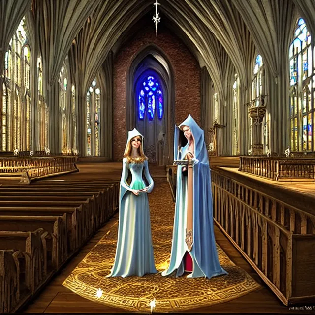 Image similar to an elf queen and ice queen in a gothic church, highly detailed, 4 k, hdr, smooth, sharp focus, high resolution, award - winning photo, illustrated by anne stokes, photorealistic