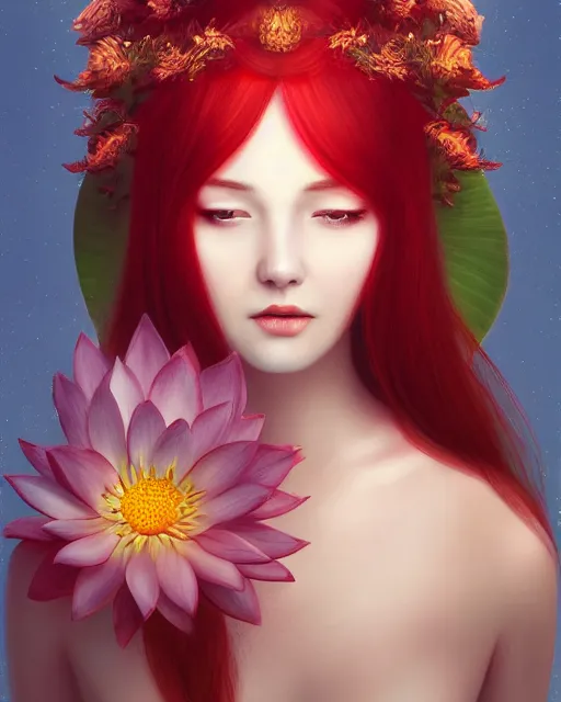 Prompt: the goddess of summer, with lotus on her head, red hair, half - length head portrait, dreamy, beautiful, by wlop