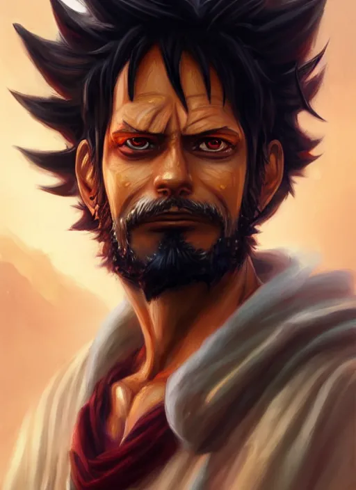 Image similar to luffy as fantasy style portrait painting of middle eastern male brown wavy hair beard rpg dnd oil painting unreal _ 5 _ daz. _ rpg _ portrait _ extremely _ detailed _ artgerm _ greg _ rutkowski _ greg