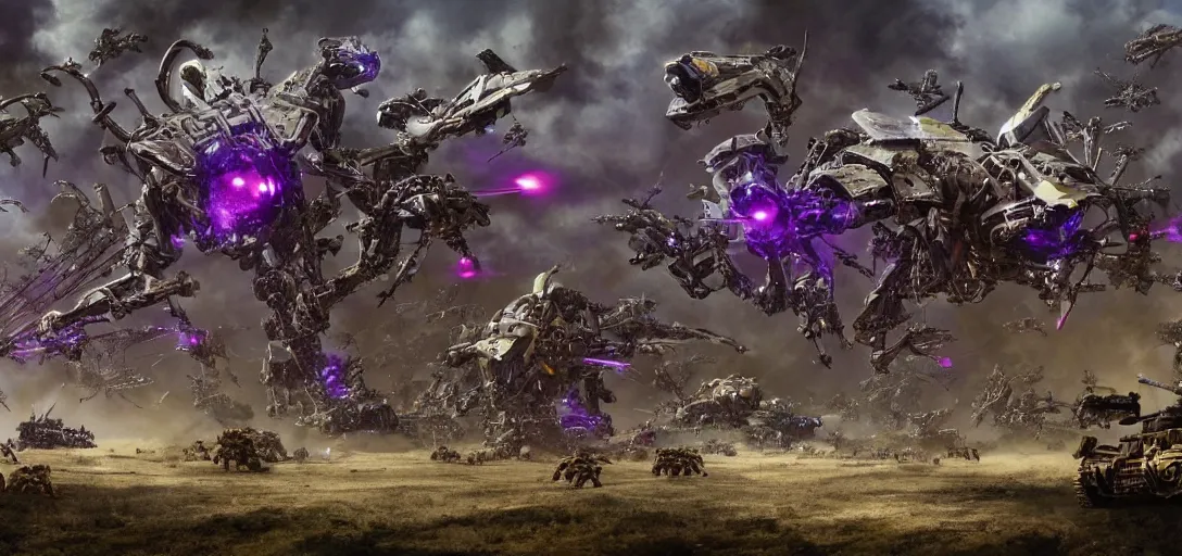 Prompt: epic army of mechwarriors battle creatures on alien planet, explosions, smoke, purple and red lazers, landscape, alex ross, neal adams, david finch, war, concept art, matte painting, highly detailed, rule of thirds, dynamic lighting, cinematic, detailed, denoised, centerd, directed by james cameron