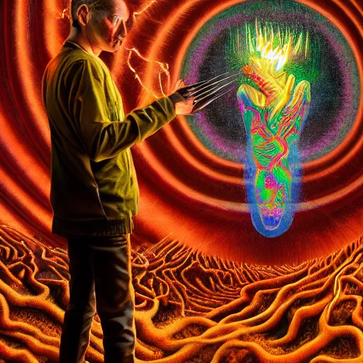 Prompt: i don't have an idea for a prompt, do you? masterpiece. accidentally tripping on dmt and acid, psychedelic experience, overwhelming psychosis of self realization and burning awakening, ultra high definition, unreal engine 5, hyperrealism, masterpiece composition, by casey weldon, barclay shaw 8 k photorealistic