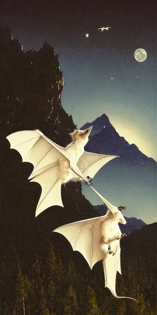 Image similar to a white bat, flying against a night sky, mountain in the background, moonlight, denoised, very detailed, painted by james gurney, norman rockwell, tom bagshaw