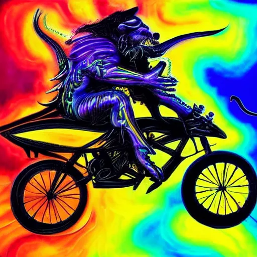 Prompt: psychedelic blacklight airbrush artwork of an orc riding a motorcycle, airbrushed on a black background