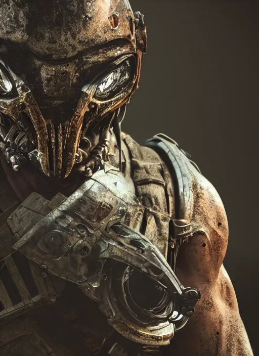 Image similar to a photorealistic dramatic hyperrealistic render of predator, ultra realistic details, well worn, rust, oil stains by vitaly bulgarov and mike nash, beautiful dramatic dark moody tones and lighting, cinematic atmosphere, studio lighting, global illumination, shadows, dark background, octane render, 8 k