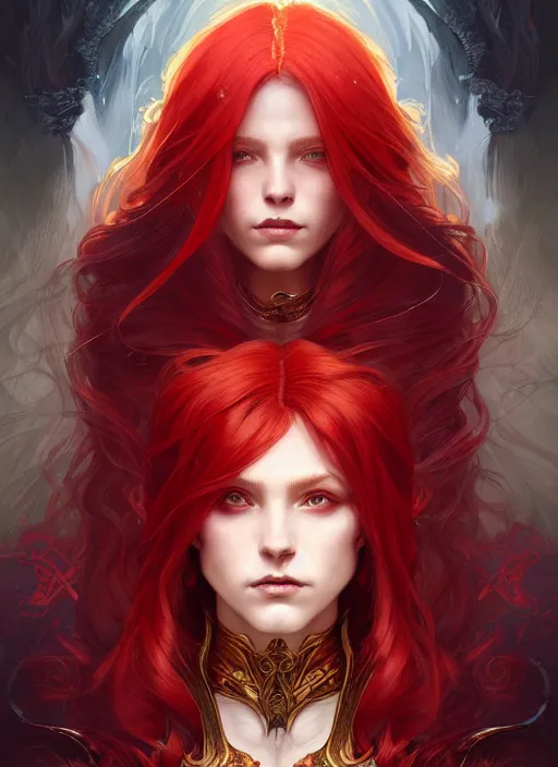 Prompt: symmetry!! portrait of red hair, dragonblooded, sorceress, fantasy, wizard cloak, fire!! intricate, elegant, highly detailed, digital painting, artstation, concept art, smooth, sharp focus, illustration, art by artgerm and greg rutkowski and alphonse mucha