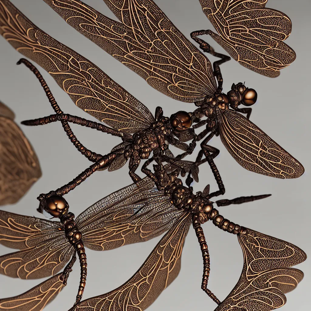 Prompt: A single Close up photo-real delicate ceramic porcelain sculpture of an ornate Dragonfly detailed in front of an intricate background by Victo Ngai and takato yamamoto, micro detail, backlit lighting, face in focus, subsurface scattering, translucent, thin porcelain, octane renderer, colorful, physically based rendering, japanese pottery, trending on cgsociety