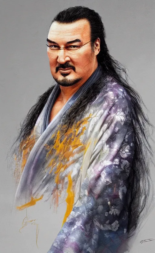 Image similar to steven seagal with wild hair and bright eyes. he's wearing a flowing kimono made of light, airy fabric and he has a mischievous look on his face, dynamic lighting, photorealistic fantasy concept art, trending on art station, stunning visuals, creative, cinematic, ultra detailed