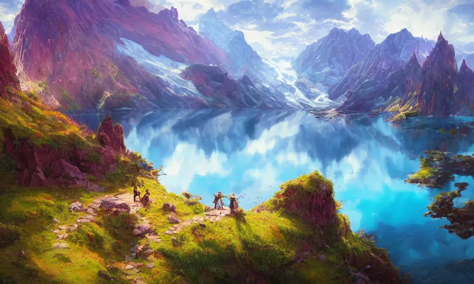 Prompt: mountain lakes, digital art, concept art, magic fantasy, vibrant colors, high contrast, highly detailed, trending on artstation, 8k, andreas rocha, sylvain sarrailh, darek zabrocki, finnian macmanus, dylan cole, liang mark, albert bierstadt, sung choi, peter mohrbacher, greg rutkowski, studio ghibli