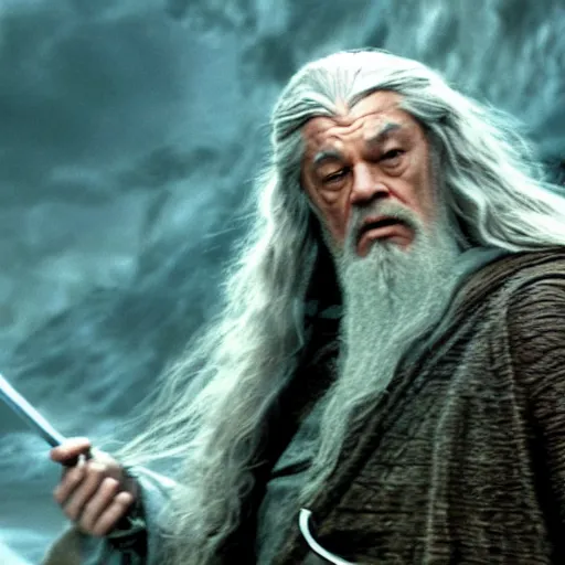 Image similar to film still of leonardo di caprio as gandalf standing against balrog in lord of the rings 2 0 0 1