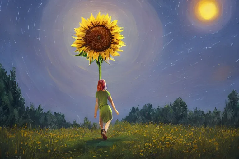 Image similar to giant sunflower as a face, girl walking between big trees, hills, surreal photography, dark night, star trails, dramatic light, impressionist painting, clouds, digital painting, artstation, simon stalenhag