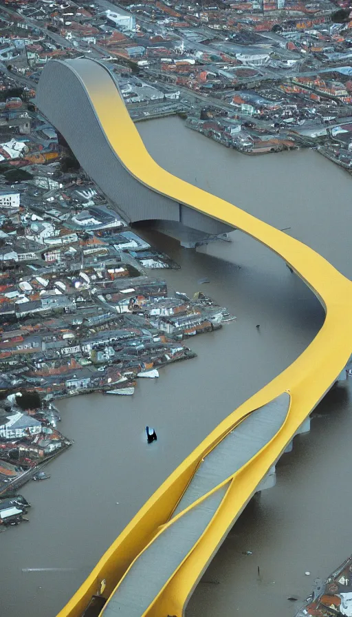 Prompt: colour 35mm film photograph of a scifi storm surge barrier. modern architecture. aerial perspective. very epic!! film grain