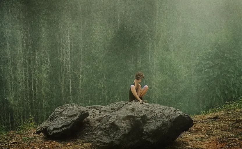 Image similar to a beautiful painting of a lonely wandering soul, resting in a forest sitting on a boulder, listening to the quiet and the breeze, smiling and looking up at the trees, by elizabeth gadd